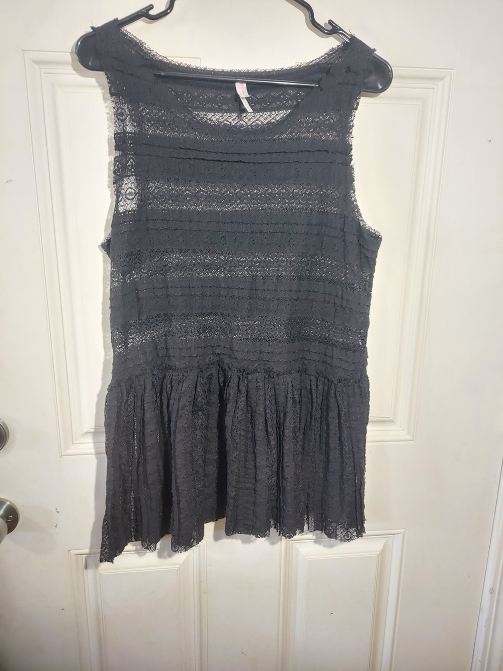 Free People Black Sheer Pucker Lace Boho Peplum Top Size M